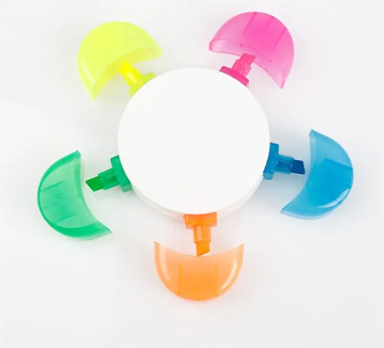 Custom Logo Multi-Color Flower-Shaped Highlighter Markers 5-in-1 Promotional Fluorescent Pen Set Oblique Brush Tip Loose