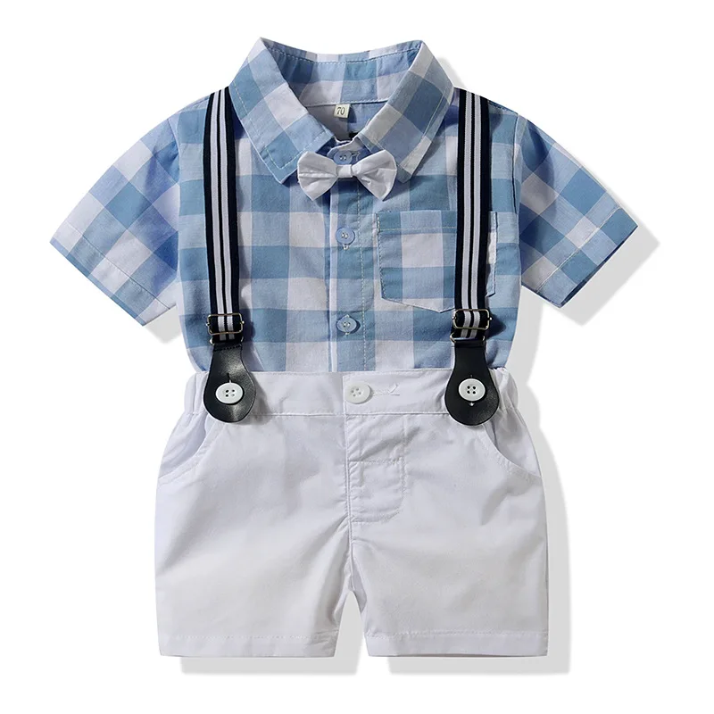 Bow plaid light blue pink shirt+belt pants preppy style gentleman summer boy party dress