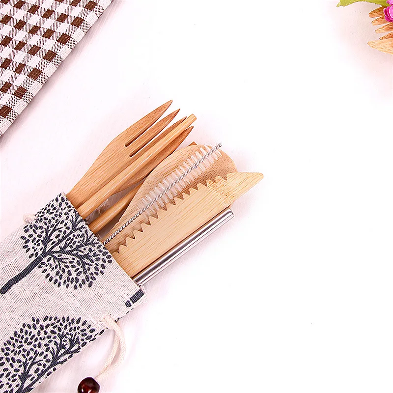 Hot Sale  6pc Natural Bamboo Material Bamboo Cutlery Fork Spoon Knife Straw set for Camping and travel