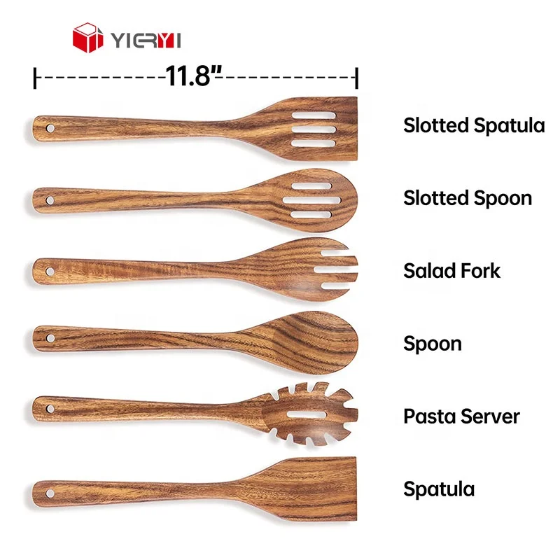 Wholesale Acacia Wood Spoon Wooden Cooking Spoon Set Kitchen Utensil Set with Hole Natural Food Safe Kitchenware Customizable