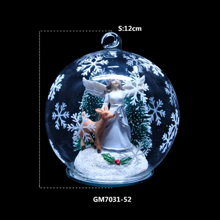 12cm Decorative Glass hanging balls LED lighted Resin Angel inside snow Christmas decoration