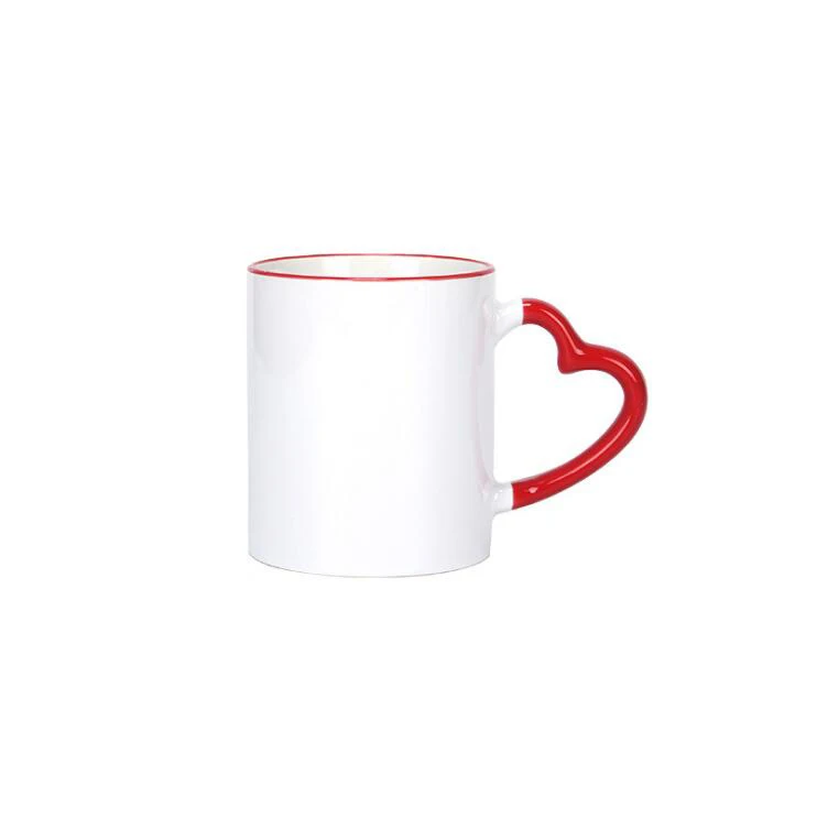 11 Oz  Heart Rim Color Handle Sublimation Blank Ceramic Coffee Mug/Cup For Promotion Gifts