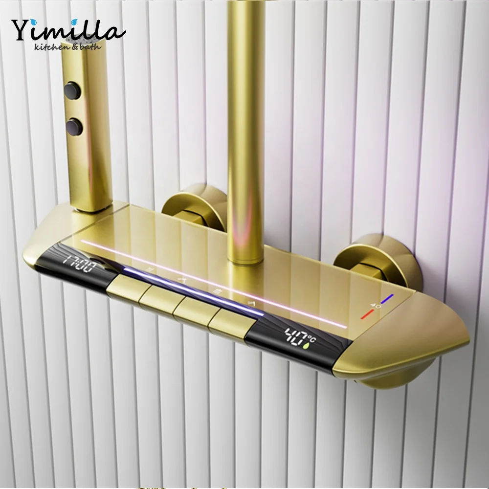 Modern Luxury Brass Shower Set Gun Grey  Massage brushed gold digital LED light Bathroom shower set with cold and hot water