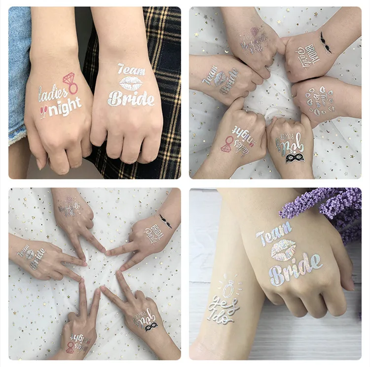 Custom Rainbow Silver Iridescnet Temporary Water Transfer Team Bride Party Tattoo Sticker