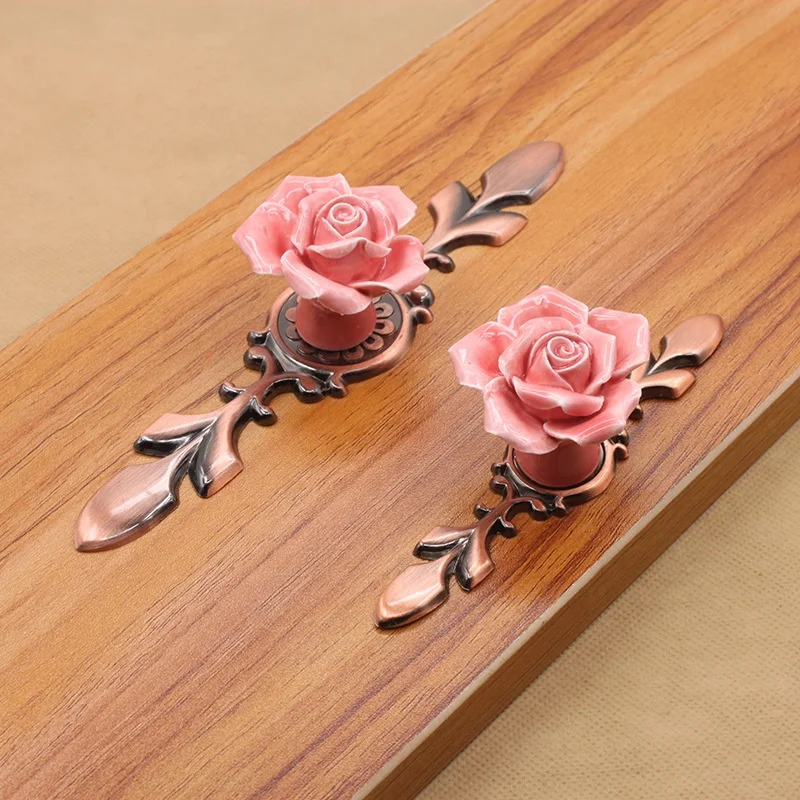 2023 wholesale rose ceramic flower cabinet knobs with green bronze backplate vintage kitchen drawer pull handle screws included