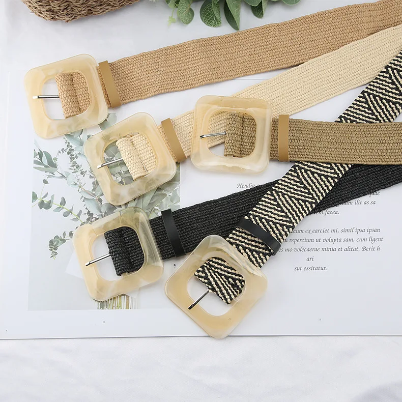 Wholesale Bohemian Style Casual Pp Grass Women Belt Plastic Pin Buckle Elastic Waist Belts For Dress