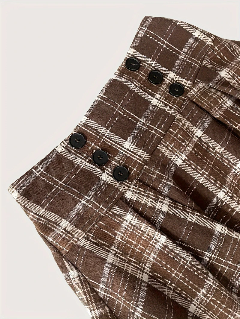 OEM Vintage Swing Elastic Plaid Print High Waist Buttons Decorated A-Line Mid Womens Plaid Retro Knit Flare Skirts