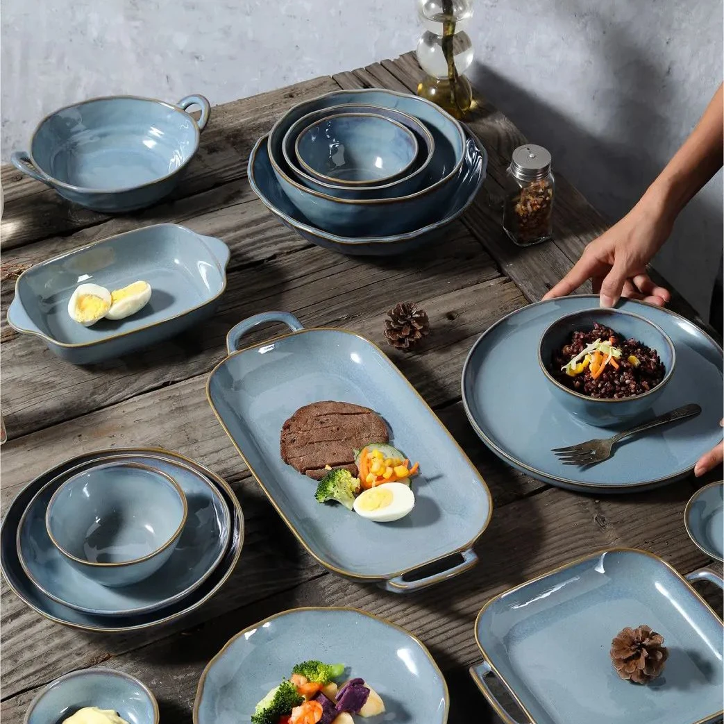 Eco-friendly reactive glazed blue dining charger plates sets dinnerware serving ceramic dinner plate
