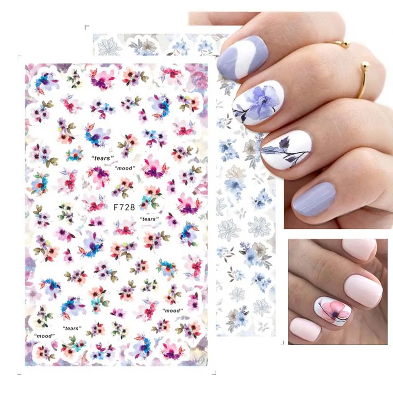 New nail art sticker spring and summer colorful flowers and green leaves designers nail art stickers decal