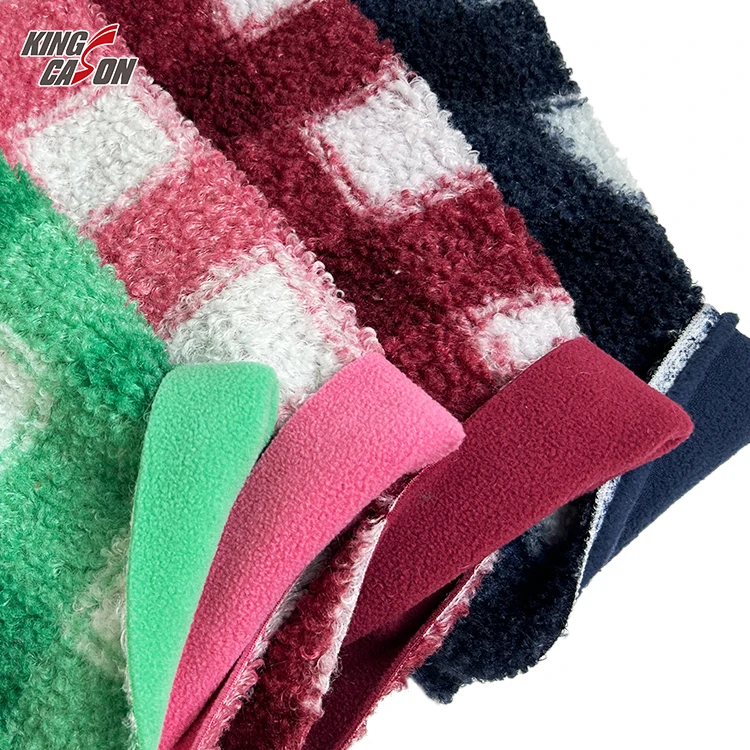 KINGCASON Hot Sale Fluffy checkered print 100% Polyester Flannel and Sherpa Bonded Fleece Fabric For Garments Coat