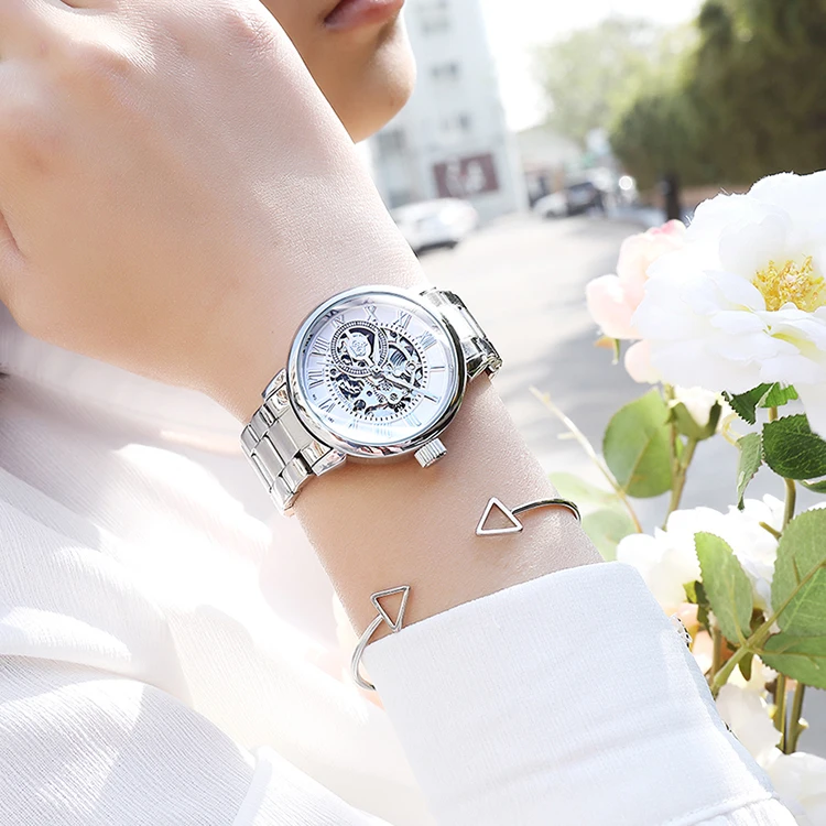 ORKINA Mechanical Women Bracelet Watch Skeleton Automatic Wristwatch Mesh Stainless Steel Band Female Clock Chic Reloj Mujer