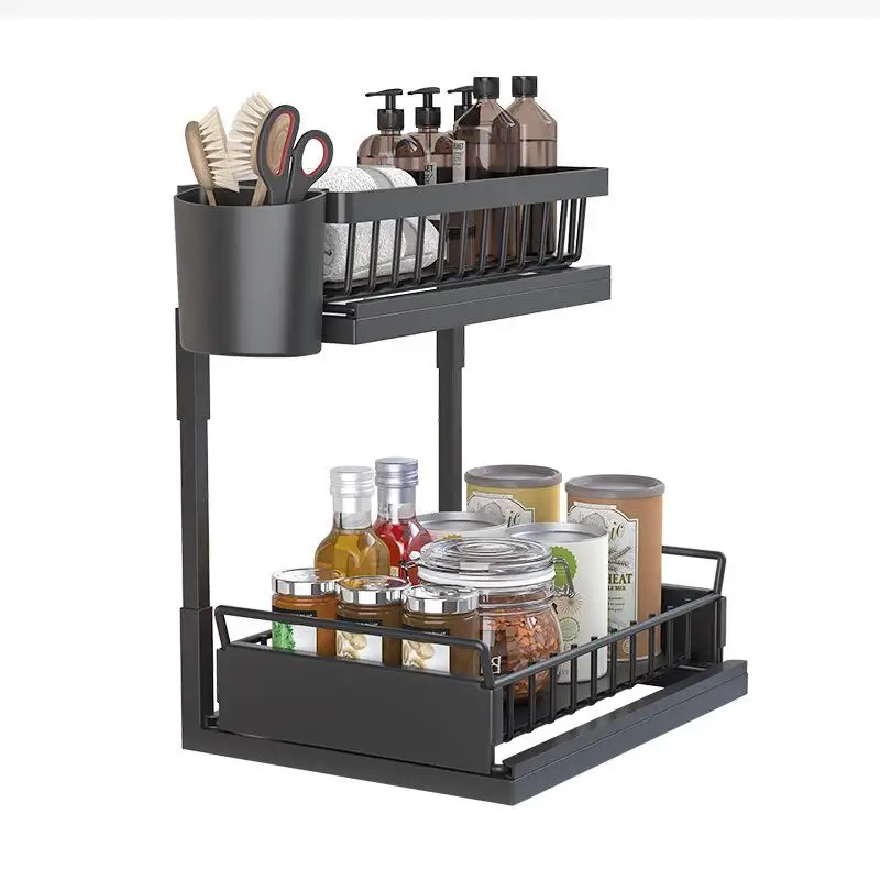 Household Multifunctional Kitchen Sink Storage Rack with Upper and Lower Layered Pull-Out Basket Metal Storage Rack