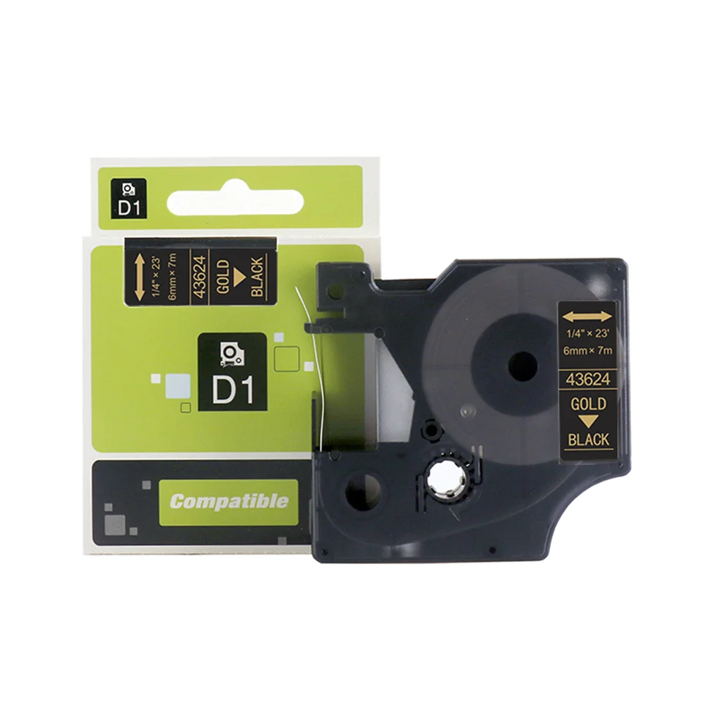Compatible 6mm 43624 Dymo D1 Label Tape Gold on Black for Dymo Labelmanager Maker