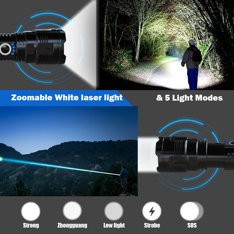 Powerful rechargeable LED white laser flashlight mini torch EDC linterna high power Led torch super bright light