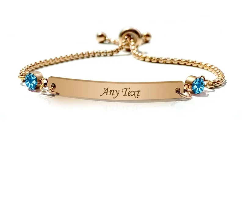 Custom Personalized Stainless Steel Birthstone Natural Stones Engraved Bar Adjustable Bracelets
