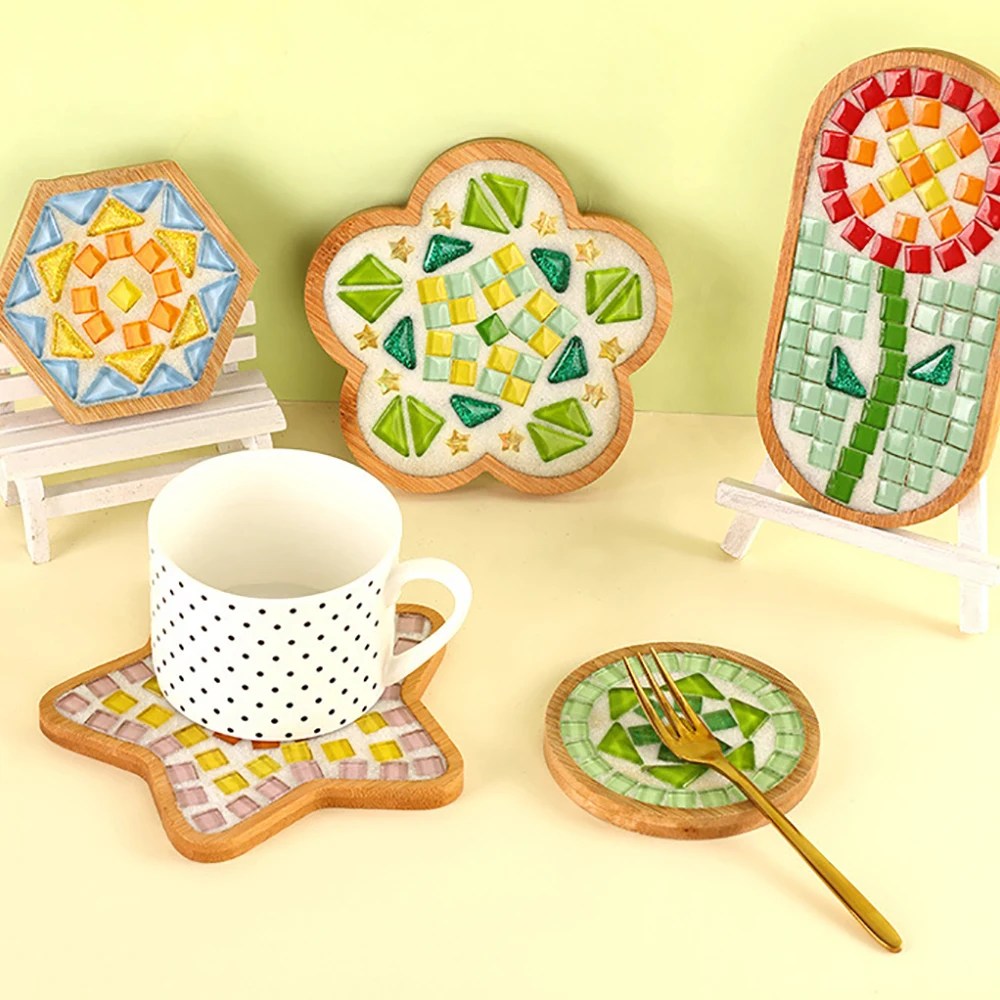 Handmade DIY Material Bamboo Creative Art and Craft Glass Mosaic Tiles Coaster Craft Kit With Wooden Mold