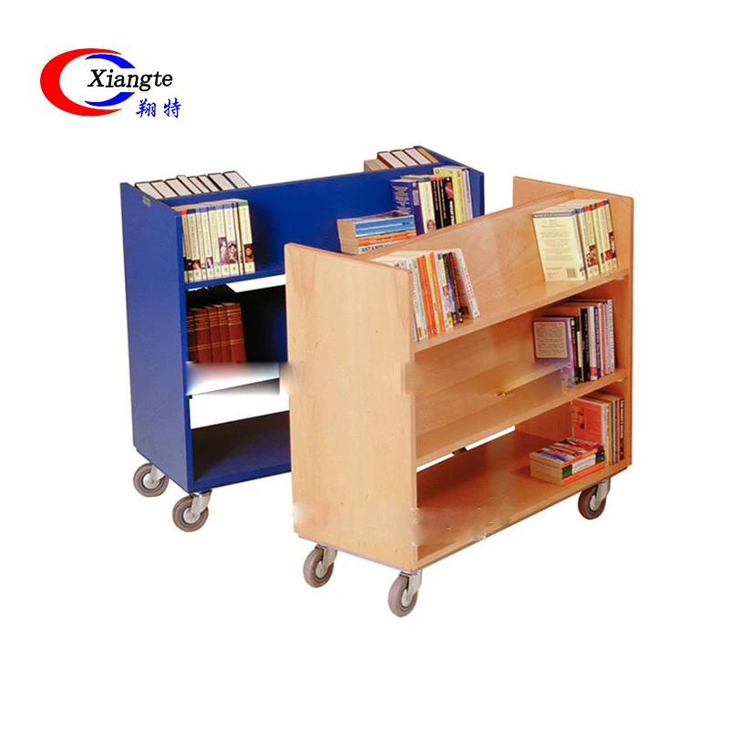 
3-Layer Library Shelf Storage Double Sided Mobile Truck Wood Book Cart On Wheels 