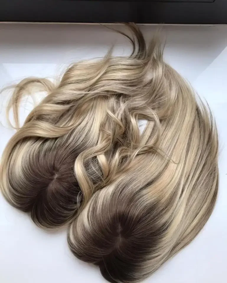 Top European Human Hair Topper Ombre Blonde Color Clip In Hair Piece Full Handtied Monofilament Topper For Women
