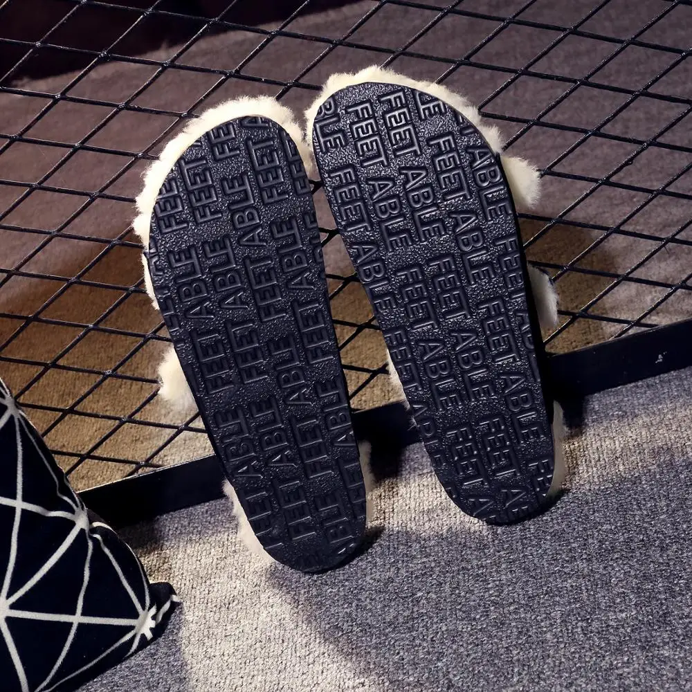 Faux Fur Lined flat slippers for ladies plush cork sole home women slippers