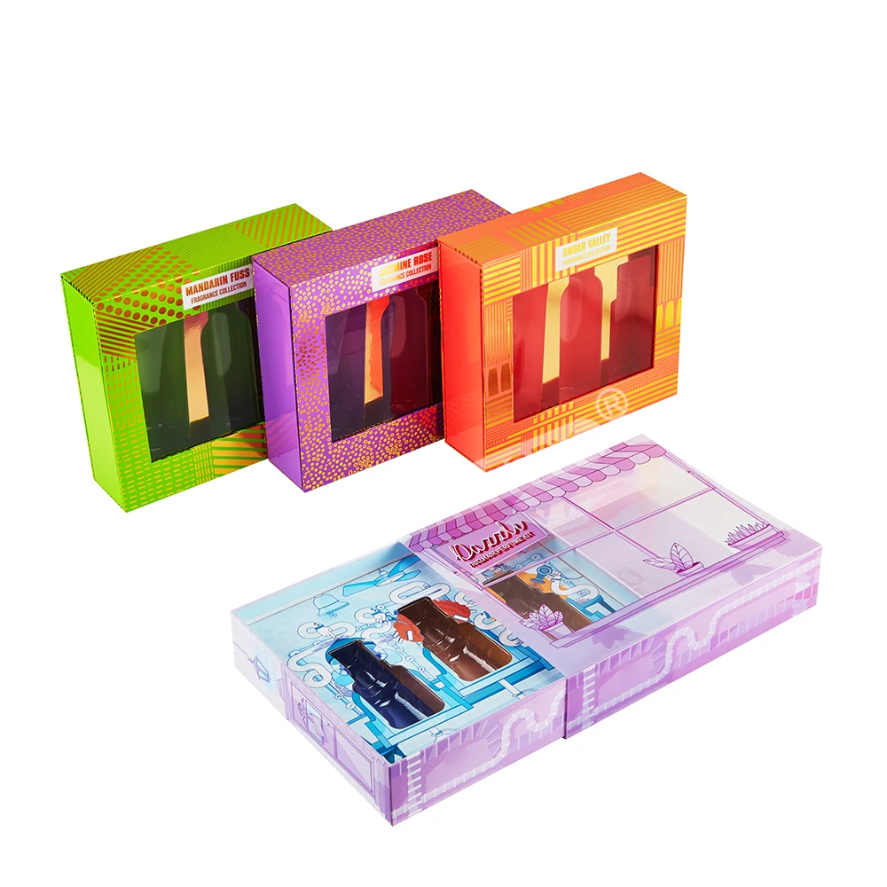 Custom Full Colors Print Plastic PVC Fashion Cosmetics Set Trio Hair Perfume Kit Cardboard Drawer Sliding Boxes With Paper Tray