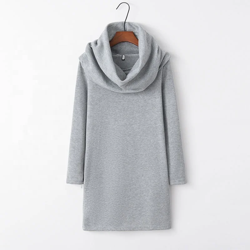 European and American fashion autumn and winter new solid color pile collar hooded bag hip long sleeve head warm dress