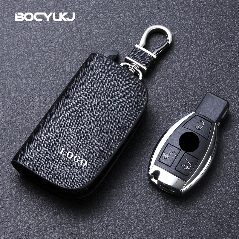 Leather Car Key Case Universal Keychain For BMW Mercedes Audi VW Land Rover JEEP Fiat MG Key Cover Protector Accessories