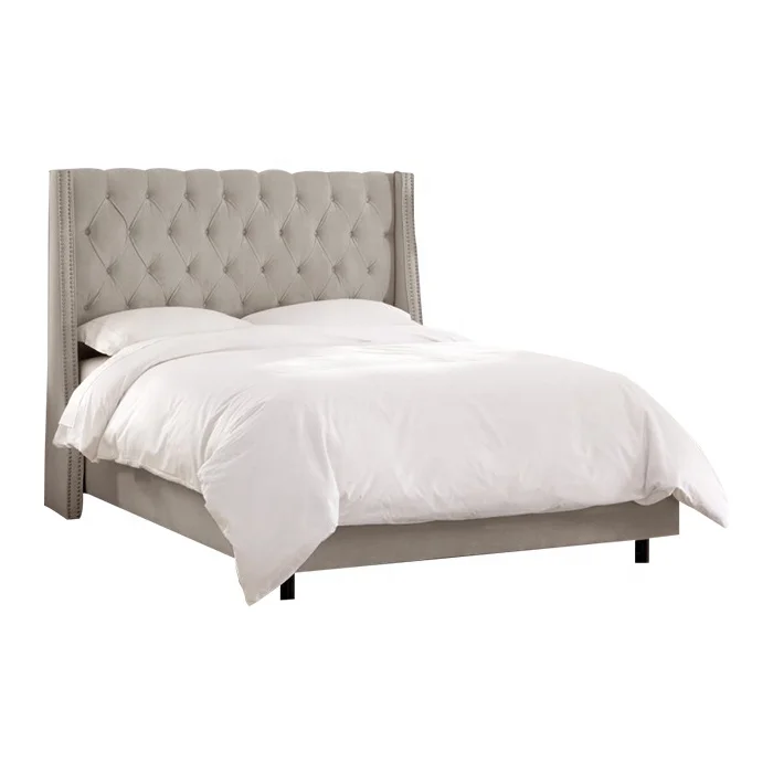 Modern dacron queen king size high wing headboard upholstered fabric bed base frame