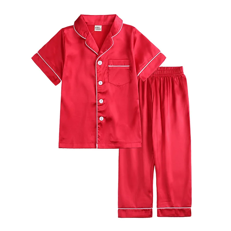 Stock Custom Solid Color Toddlar Silk Pajama 2 Pieces Set Kids Satin Pajamas Set