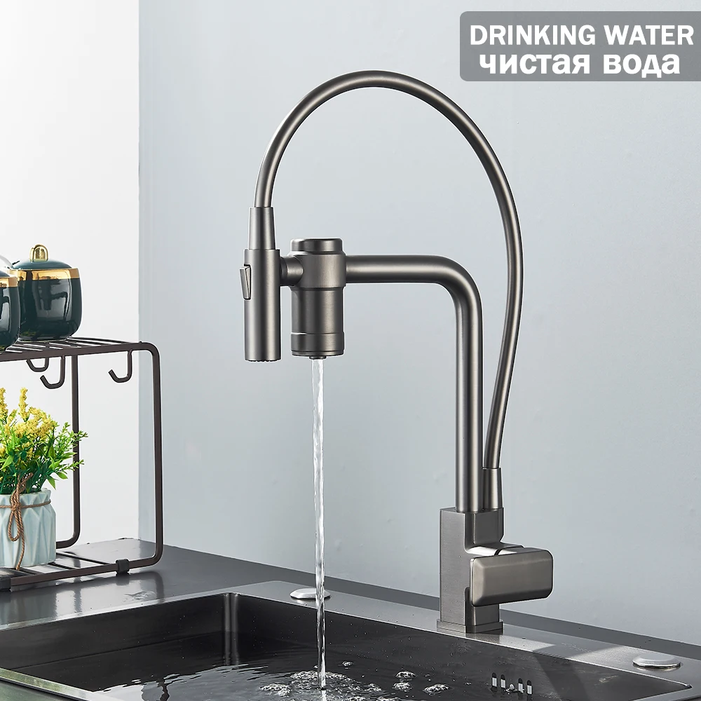 Gun Grey Filter Water Kitchen Faucet Black Pull Down 2 in 1 Sprayer Brass Drinking Tap 360 Swivel Purification Mixer Taps