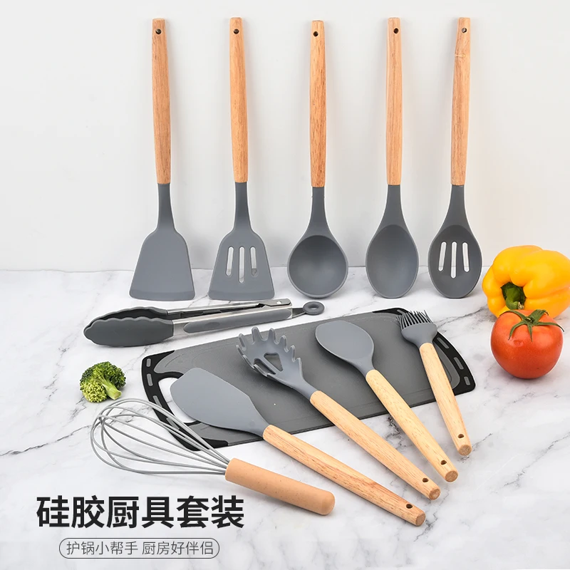 YF Easy cleaning and space-saving silicone kitchen tools set wooden handle Kitchenware with scissors and knives 19-pcs set