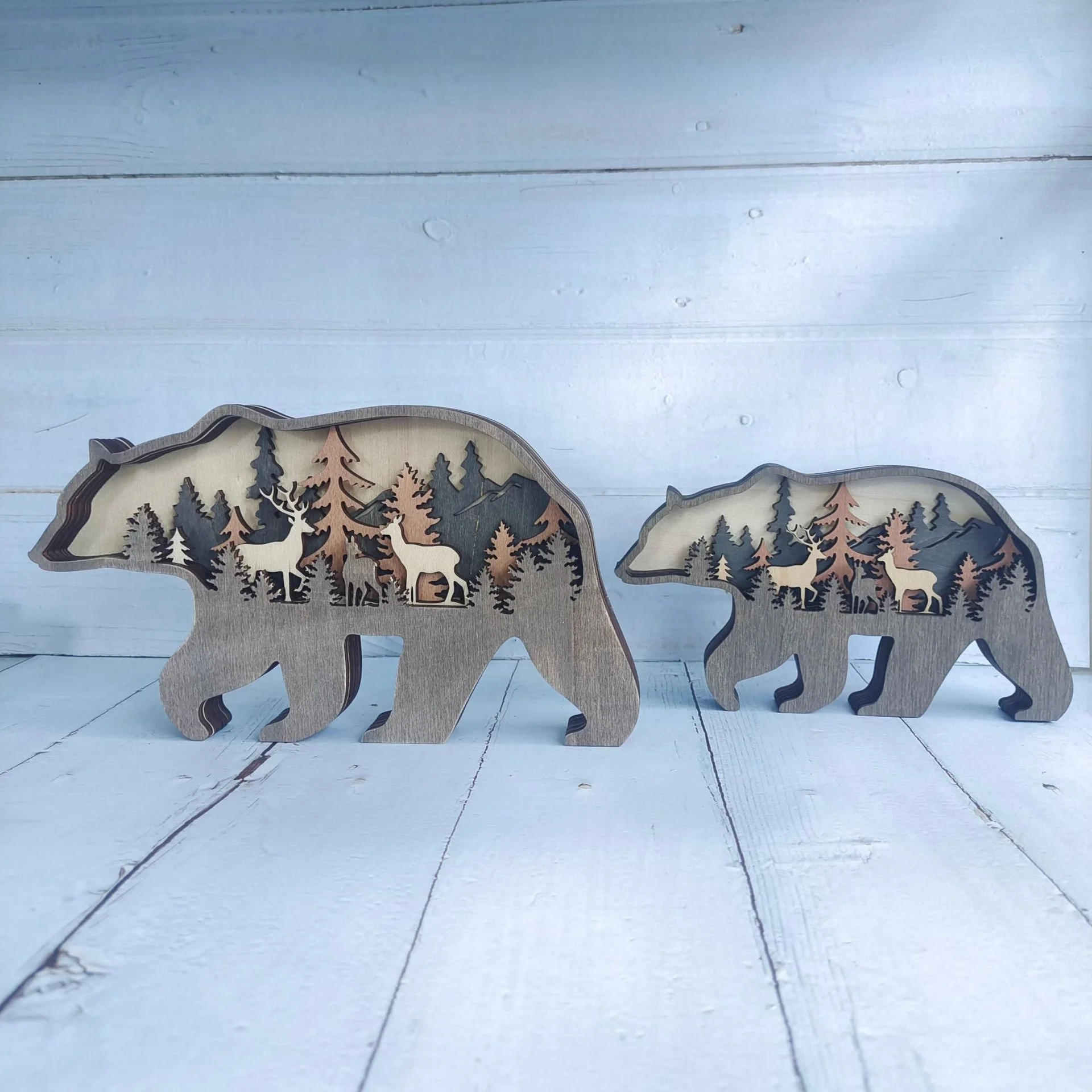 Natural Wood Bear Pattern Home Table Tabletop Wooden Cartoon Mini Animal LED Wooden Animal  Ornament