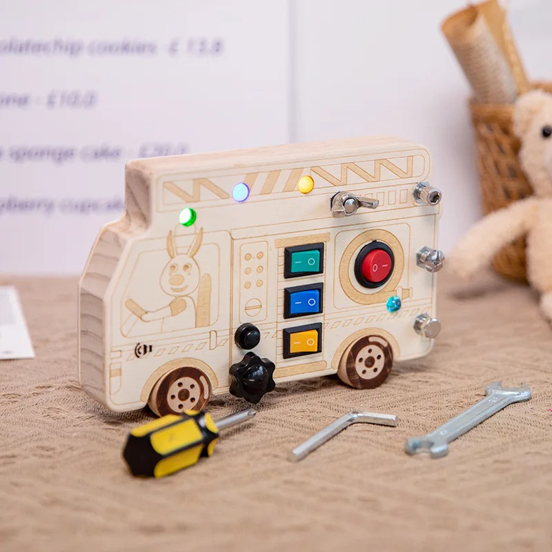 High Quality Unisex Montessori Busy Board Toy LED Light Educational School Bus Toy Kids Wood-Made Color Cognition Toy New