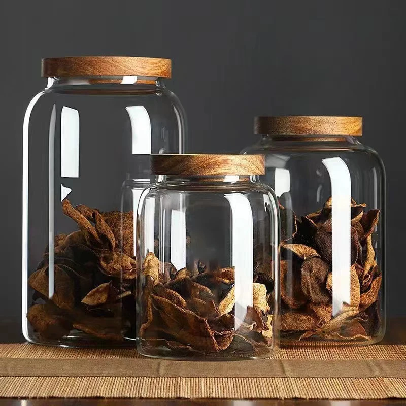 Factory Sale Large Tangerine Peel Glass Jar Kitchen Sealed Storage Tank with Acacia Wood Lid Clear Food Storage Jar for Pasta