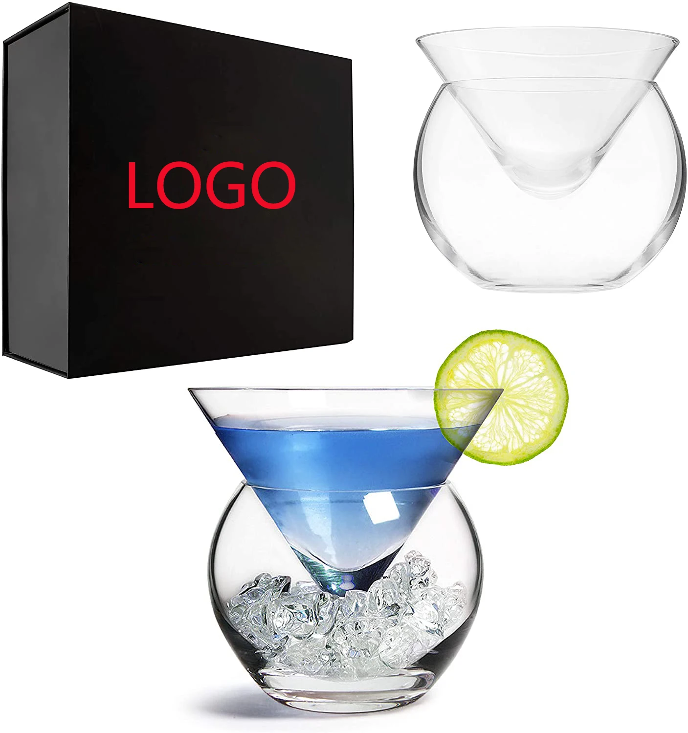 Stemless Martini Glasses with Chiller Set for Margarita Cocktail Glasses gift box