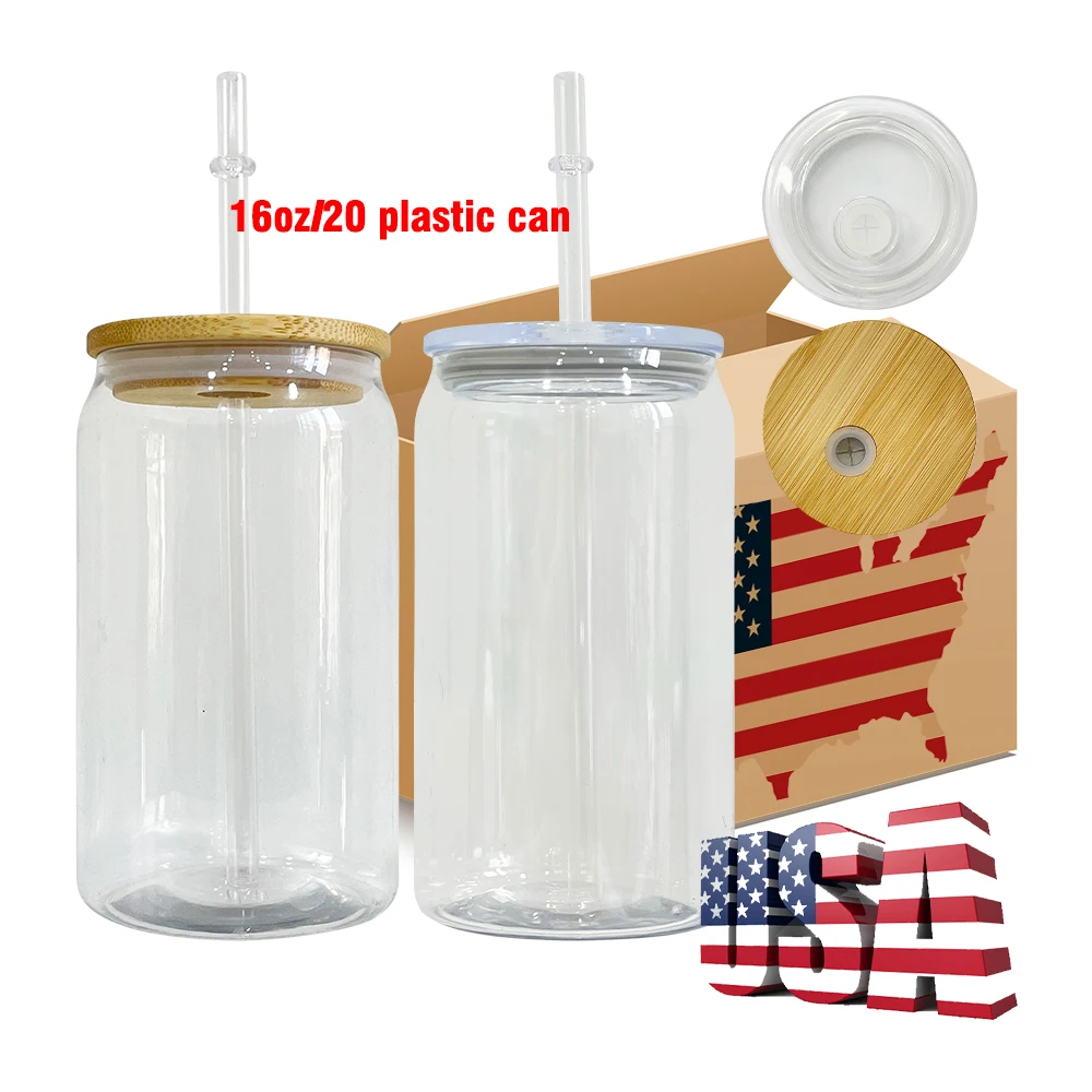 In Stock Acrylic Can Beer Glass 16oz with pp Lids and Wooden Lids Unbreakable 16oz 20oz Plastic Soda Beer Can for UV DTF Wraps