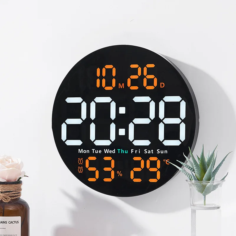 10 Inch Round Large Mute Digital LED Wall Clock Date Temperature Humidity Display Electronic Desk Table Clock Living Room Decor