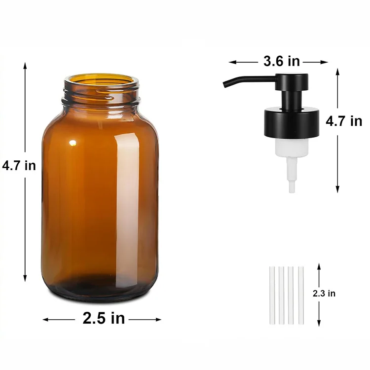 2 Pack Amber Glass Jar Soap Dispenser with Foaming Pump 8.5 oz Round Bottles Dispenser with Foaming Pump Support Customiztion