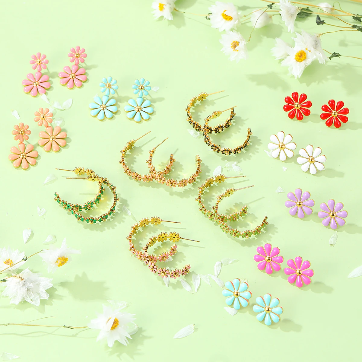 fashion daisy bracelets cuff hoop stud earrings INS hot sale titanium steel non tarnish colorful enamel jewelry sets gift women