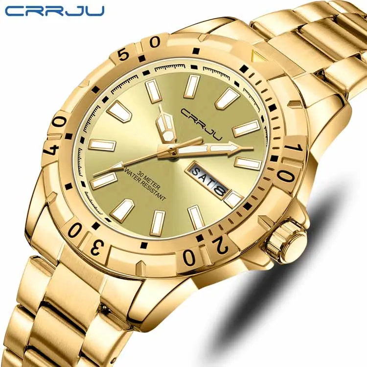 CRRJU 5028 fashion custom brand men quartz watch best Steel Strap waterproof week display advertising business watch supplier