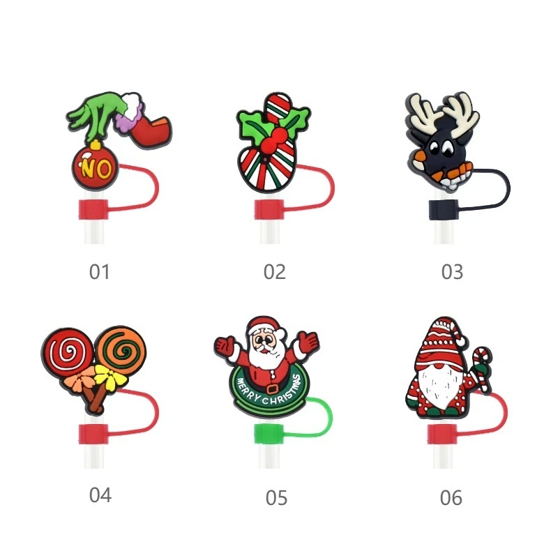 Hot Selling Christmas Series PVC Soft Glue 10MM Straw Cap Dust Decoration Cartoon Non-disposable Straw Plug