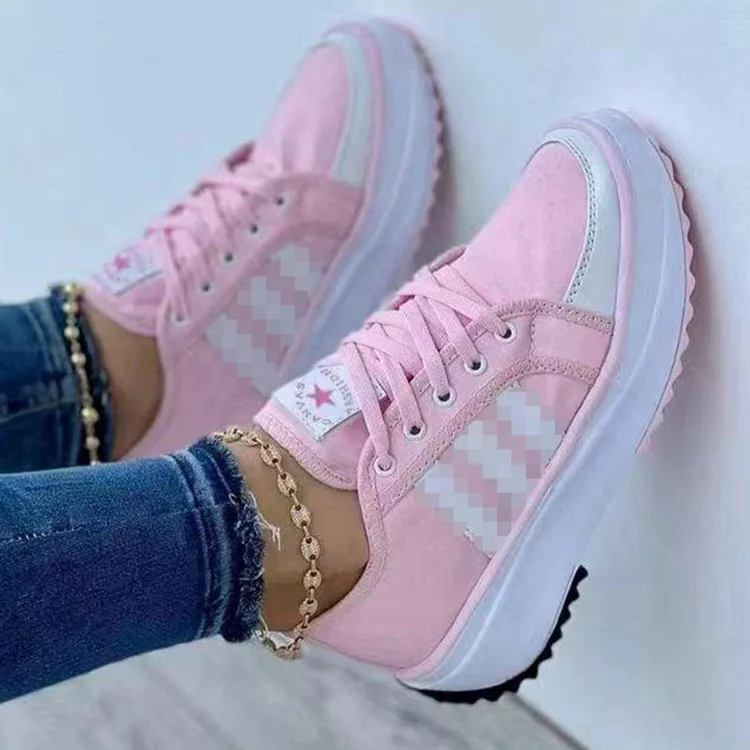 2022 New fashion casual canvas shoes for women Spring summer platform sole walking shoes lace up sneakers wholesale