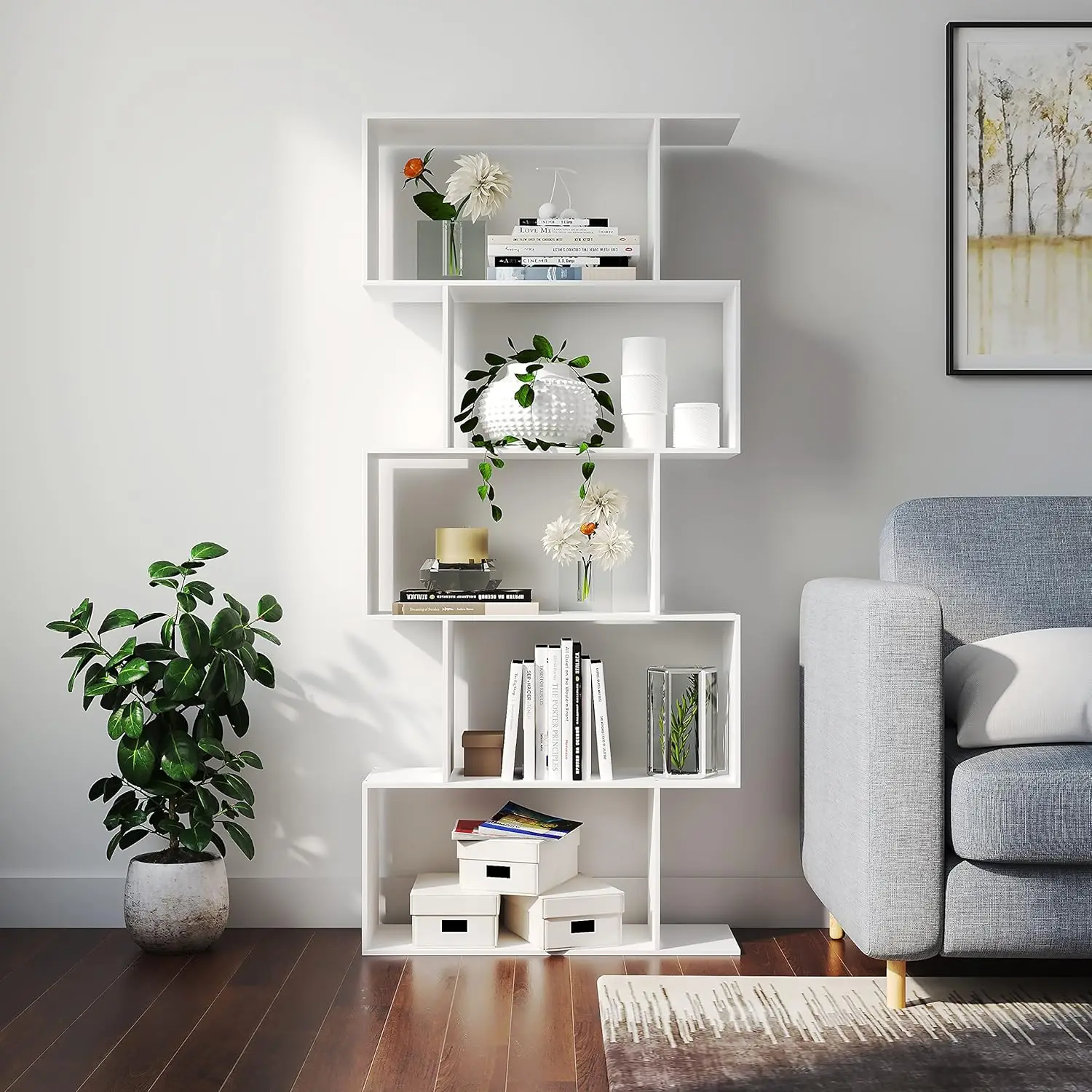 Bookshelf 5 Level Geometric Bookcase Bedroom Modern Wood Decor Display Bookcase Bookcase Home Office