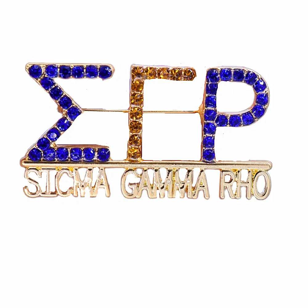 Metal Gold Plating Blue Yellow Diamond Inlay Greece Letters Sigma Gamma Rho Lapel Pin Sorority SGRHO Club Brooches Custom