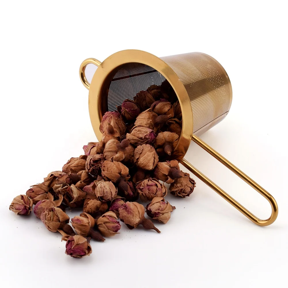 Gold Stainless Steel Tea Infuser Strainer Basket for Loose Leaf Tea with Lid and Fixed Handle