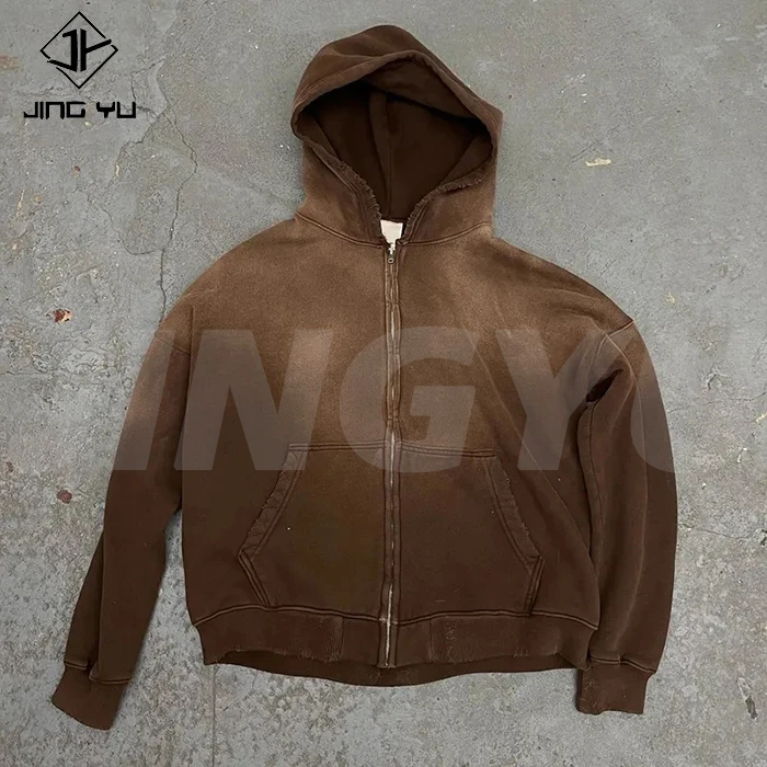 Custom High Quality Streetwear Hoodie Fleece Blank Zip Up Vintage Acid Wash Sun Faded Distressed Pockets Hoodies