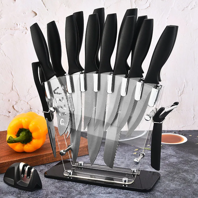 JJ 17 PC Non-Stick White Color Coated 3Cr13 Stainless Steel Kitchen Knife Set with PP Handle and Acrylic Block Custom Knife Set