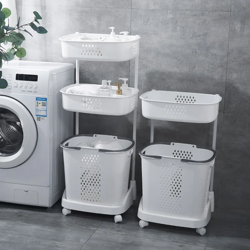 Household Japanese Style Dirty Clothes Basket Plastic 3 Compartment Laundry Basket With Wheels
