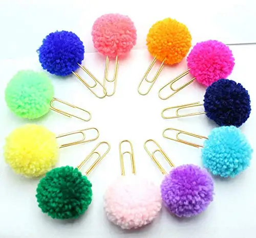 Pom Pom Paper Clips, Handmade Pompoms Planner Clips Bookmark Page Marker Decorative Paperclip for Notebook Journal clip