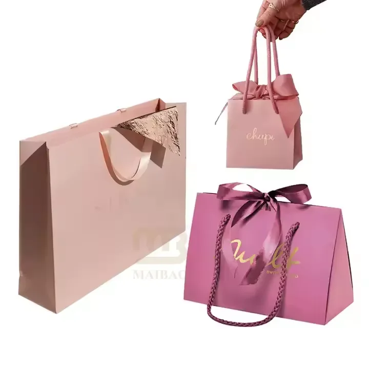 Luxury Custom Logo Large Small Retail Store Clothing Jewelry Packaging Shopper Gift Paper Bag With Bow Tie Ribbon Handles