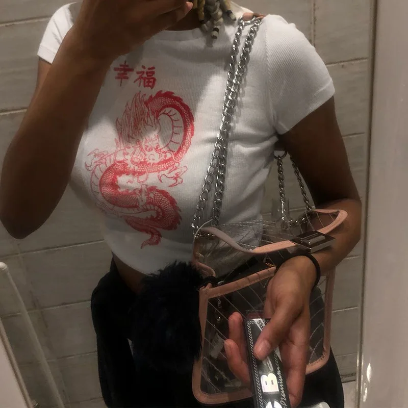 
Harajuku Women Crop Top Female Clothes Women Clothing Dragon Printed Chinese Style Fashion T-shirt Tops 